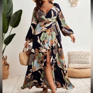 Plus Size Plunge V Neck Floral Tropical Print High Slit Long Sleeve Maxi Dress
